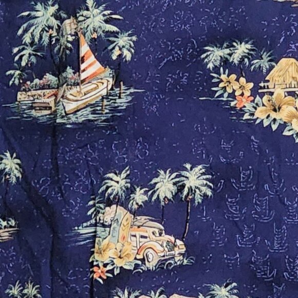Pierre Cardin Vtg Blue Tropical Surfer Beach Scene ButtonUp Cotton Shirt Size XL - Picture 13 of 16